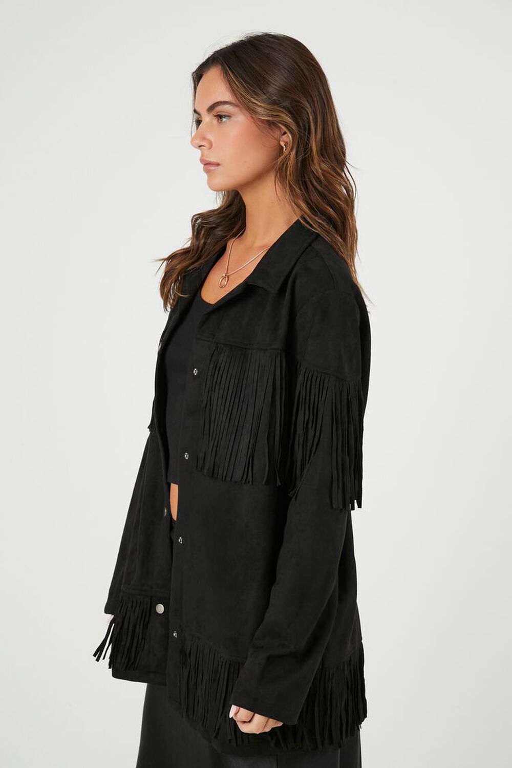 Faux Suede Fringe-Trim Shacket